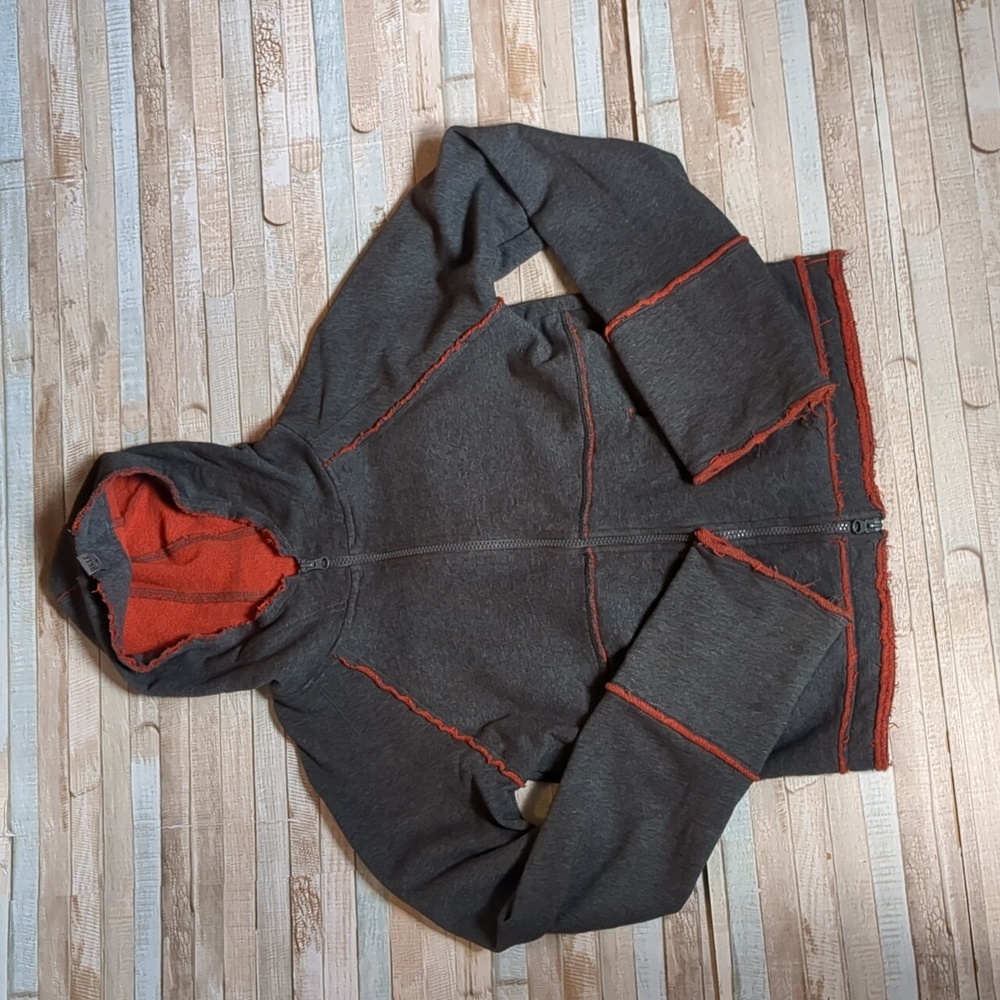 BKLE 100% cotton raw edge hoodie zip sweatshirt gray with orange contrast